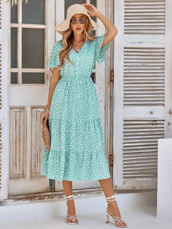 Elegant Blue Tiered Chiffon Midi Print Dress Boho midi dresses