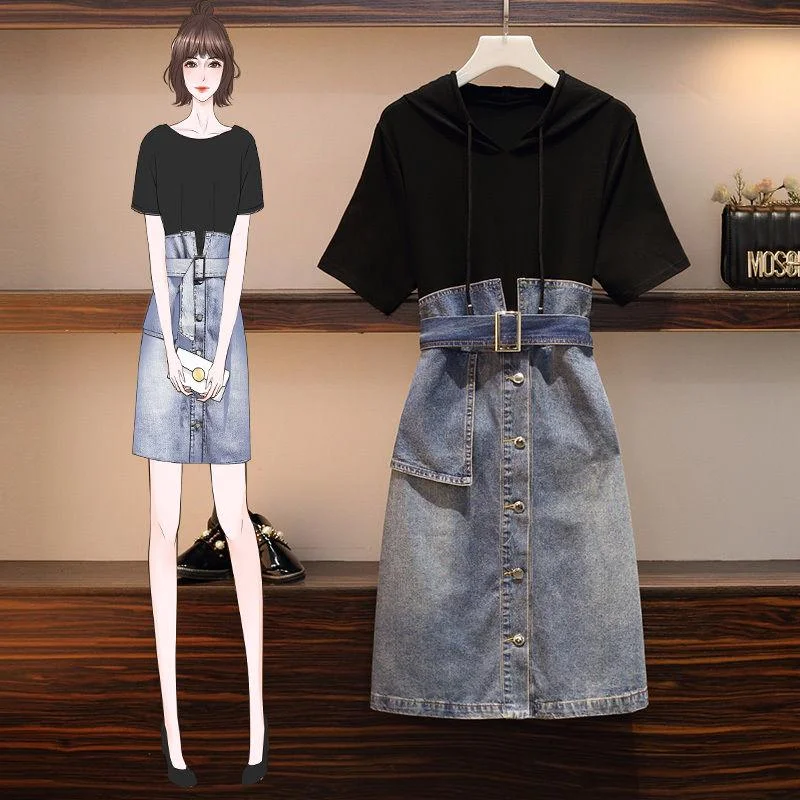 Plus Size Dress Summer Women Denim Stitching Dress Midi Short-sleeve Hooded Dress with Belt Sexy midi dresses