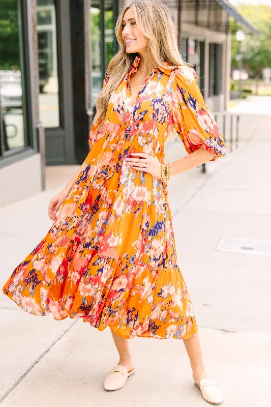 Think It Through Orange Floral Babydoll Midi Dress Elegant midi dresses