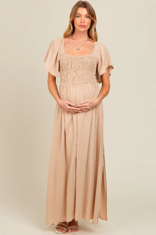 Beige Chambray Smocked Maternity Maxi Dress Minimalist maxi dresses