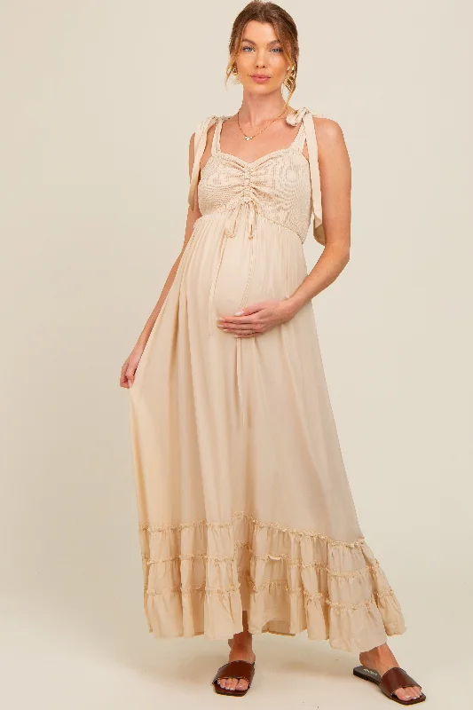 Beige Sweetheart Neck Smocked Shoulder Tie Maternity Maxi Dress Party maxi dresses