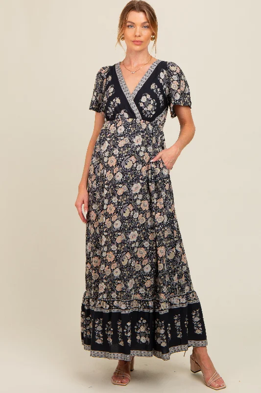 Black Floral Border Printed Woven Short Sleeve V-Neck Maternity Maxi Dress Goth maxi dresses