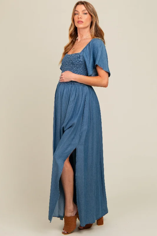 Blue Chambray Smocked Maternity Maxi Dress Clubbing maxi dresses