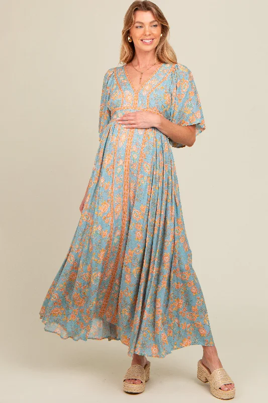 Blue Floral Border Print Flutter Sleeve Maternity Maxi Dress Comfortable maxi dresses for everyday wear