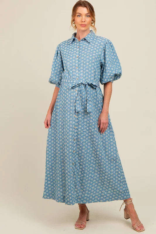 Blue Floral Embroidered Button Down Chambray Maternity Maxi Dress Best maxi dresses for petites