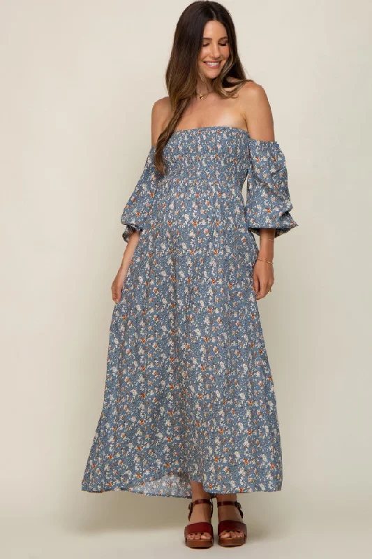 Blue Floral Square Neck Smocked Long Sleeve Maternity Maxi Dress Glamorous maxi dresses