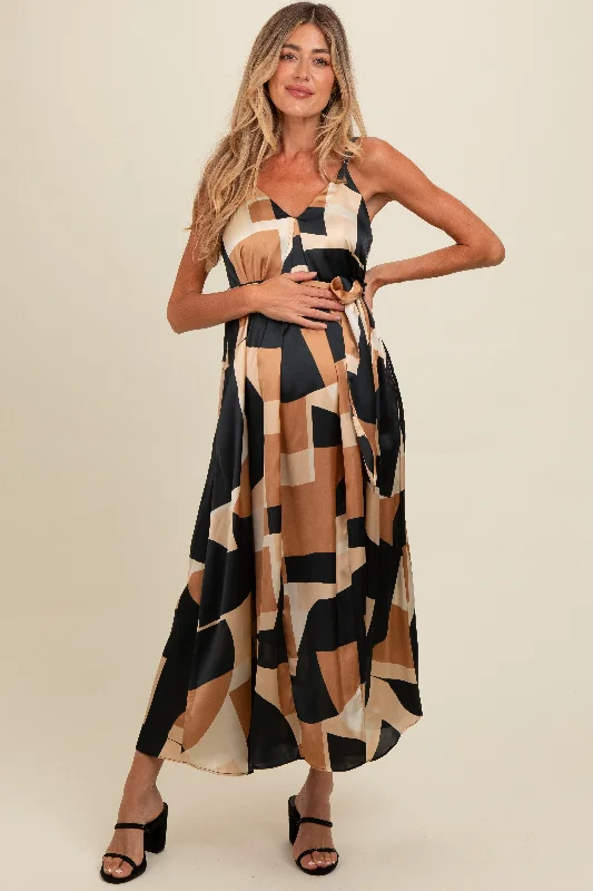 Camel Abstract Print Sash Tie Maternity Maxi Dress Knitted maxi dresses