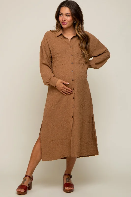 Camel Button Down Collared Maternity Maxi Dress Anniversary maxi dresses