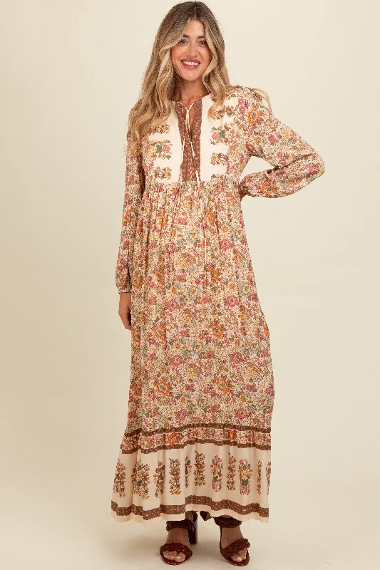 Cream Floral Border Print Maternity Maxi Dress Fall maxi dresses