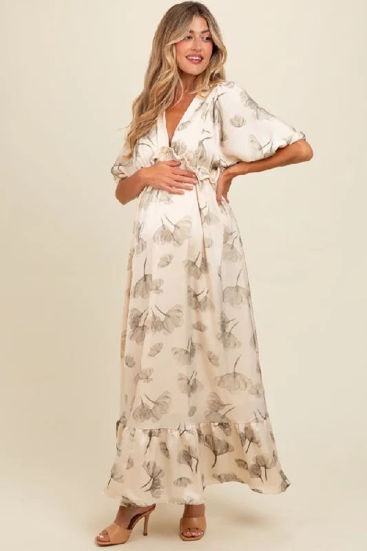 Cream Floral Chiffon Ruffle Accent Maternity Maxi Dress Knitted maxi dresses