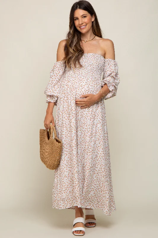 Cream Floral Square Neck Smocked Long Sleeve Maternity Maxi Dress Best maxi dresses for casual wear