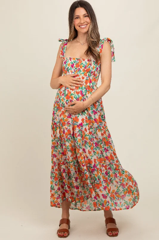 Cream Multi-Color Floral Smocked Sleeveless Maternity Maxi Dress Birthday maxi dresses