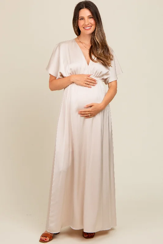 Cream Satin V-Neck Flutter Short Sleeve Maternity Maxi Dress ASOS maxi dresses