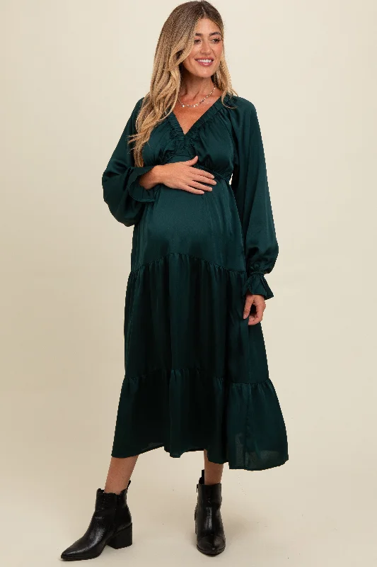 Forest Green Satin V-Neck Tiered Maternity Maxi Dress Best maxi dresses for elegant looks