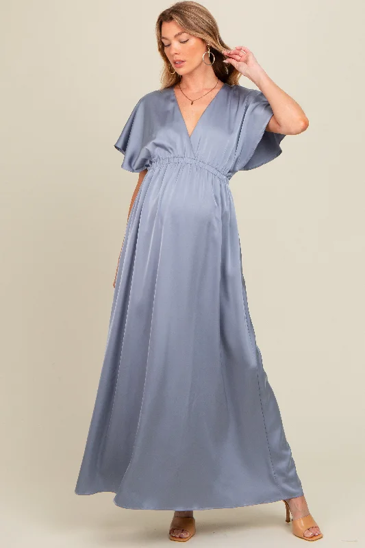 Grey Satin V-Neck Flutter Short Sleeve Maternity Maxi Dress Vintage maxi dresses