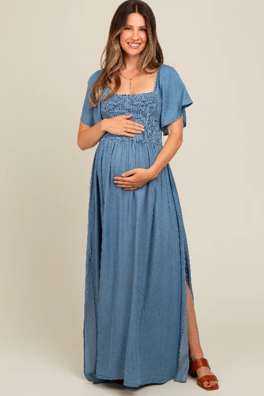 Light Blue Chambray Smocked Maternity Maxi Dress Knitted maxi dresses