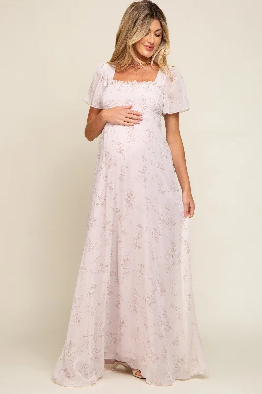 Light Pink Floral Smocked Chiffon Maternity Maxi Dress Casual maxi dresses