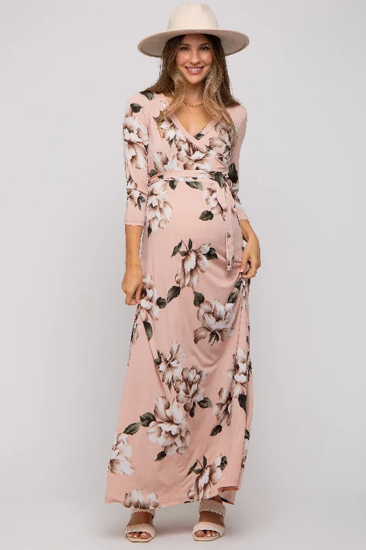 Light Pink Floral Wrap Maternity Maxi Dress Strapless maxi dresses