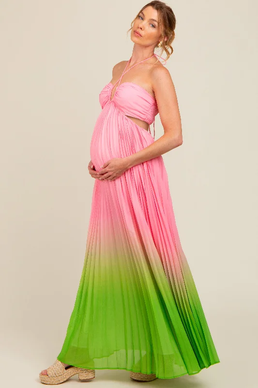 Light Pink Ombre Pleated Halter Cutout Maternity Maxi Dress Urban Outfitters maxi dresses