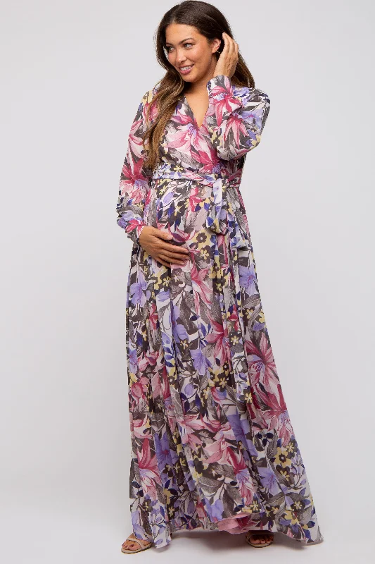 Mauve Floral Chiffon Wrap Front V-Neck Long Sleeve Maternity Maxi Dress Luxury maxi dresses