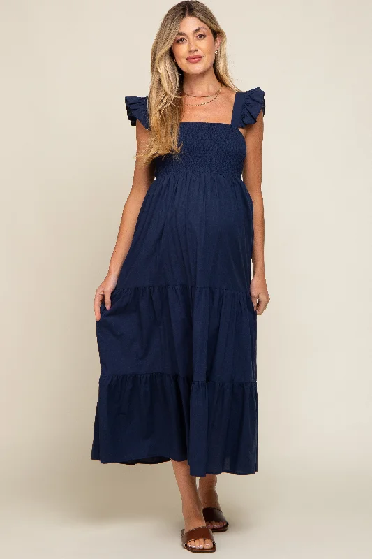 Navy Blue Sleeveless Tiered Maternity Maxi Dress Smocked maxi dresses