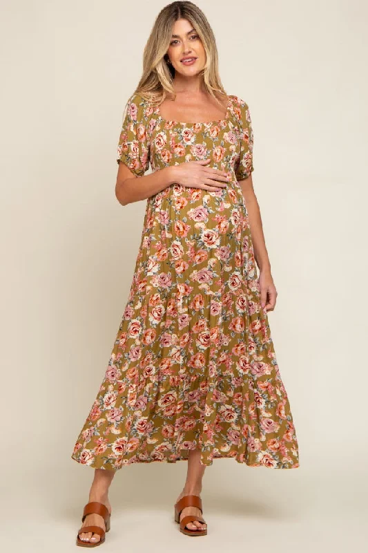 Olive Floral Smocked Square Neck Tiered Maternity Maxi Dress Sexy maxi dresses