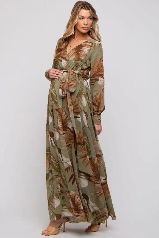 Olive Palm Print Chiffon Wrap Front V-Neck Long Sleeve Maternity Maxi Dress Winter maxi dresses