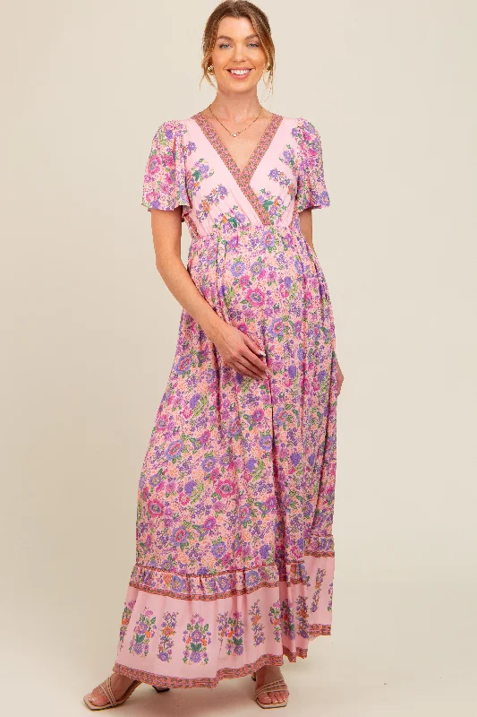 Pink Floral Border Printed Woven Short Sleeve V-Neck Maternity Maxi Dress Summer maxi dresses