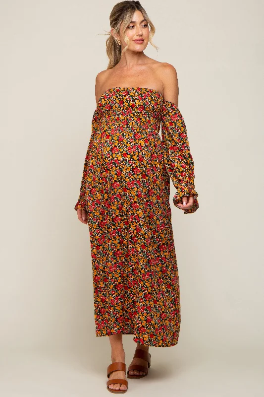 Red Floral Long Sleeve Maternity Maxi Dress Beach maxi dresses