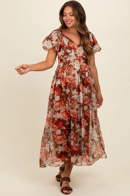 Rust Floral Puff Sleeve Maternity Maxi Dress Cocktail maxi dresses