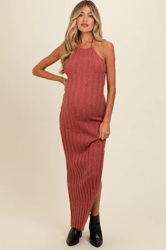 Rust Ribbed Knit Halter Neck Maternity Maxi Dress Smocked maxi dresses