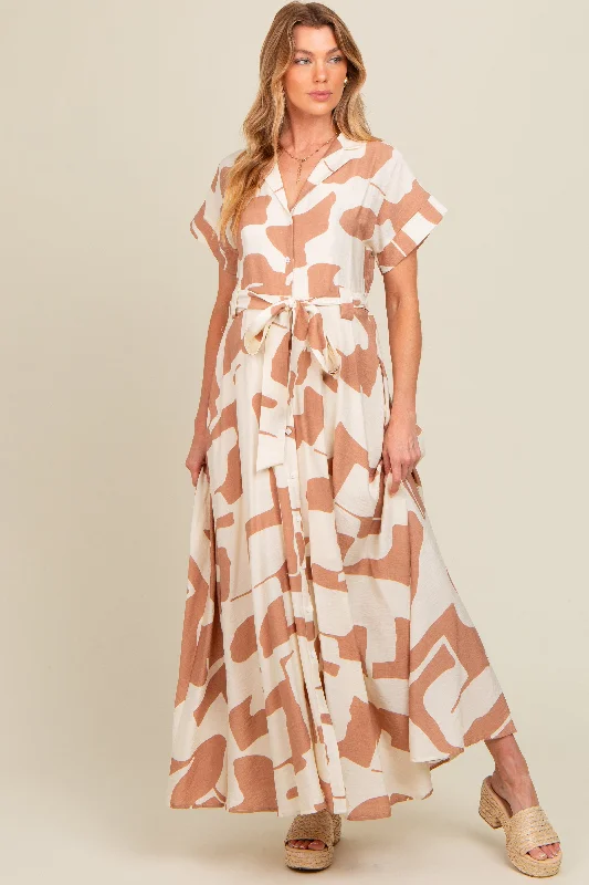 Taupe Printed Sash Tie Button Down Maternity Maxi Dress Off-shoulder maxi dresses