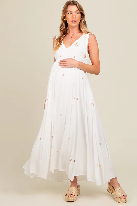 White Floral Embroidered Sleeveless Maternity Maxi Dress Expensive maxi dresses