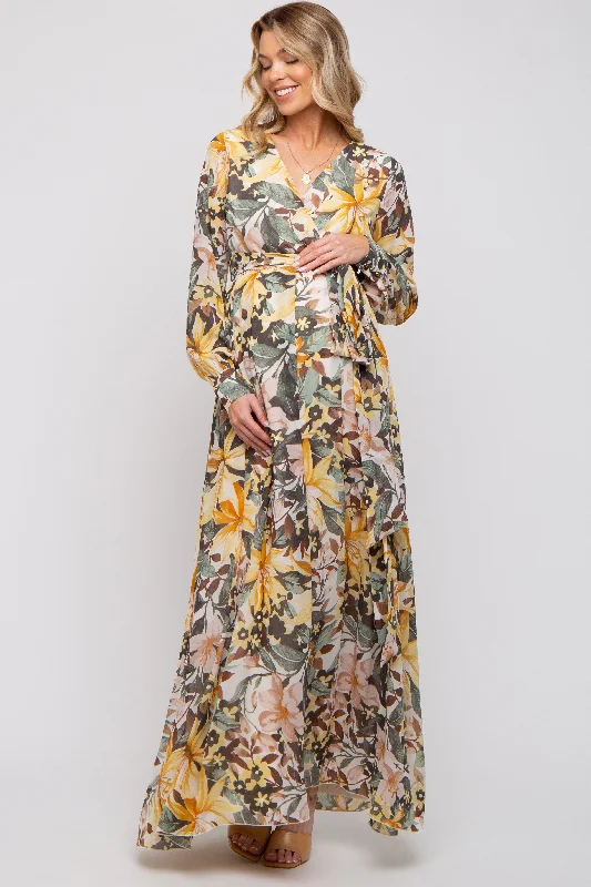 Yellow Floral Chiffon Wrap Front V-Neck Long Sleeve Maternity Maxi Dress Office maxi dresses