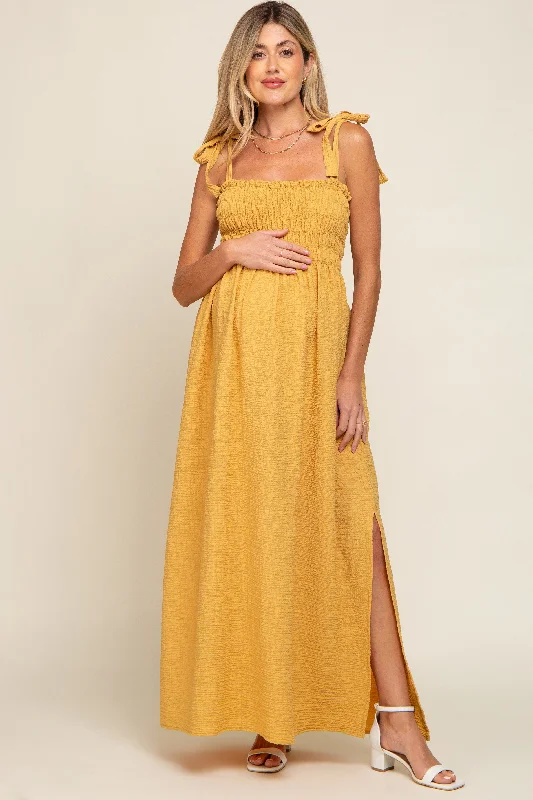 Yellow Textured Smocked Shoulder Tie Maternity Maxi Dress Cheap maxi dresses