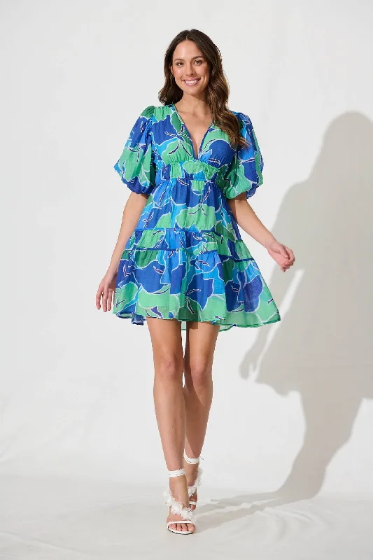 Amarusso Dress In Blue With Green Multi Print Maternity floral dresses