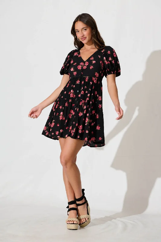 Anvi Dress in Black with Red Floral Mini floral dresses