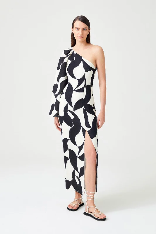 Black And White Geometric Patterned Single Shoulder Long Dress Discounted floral dresses