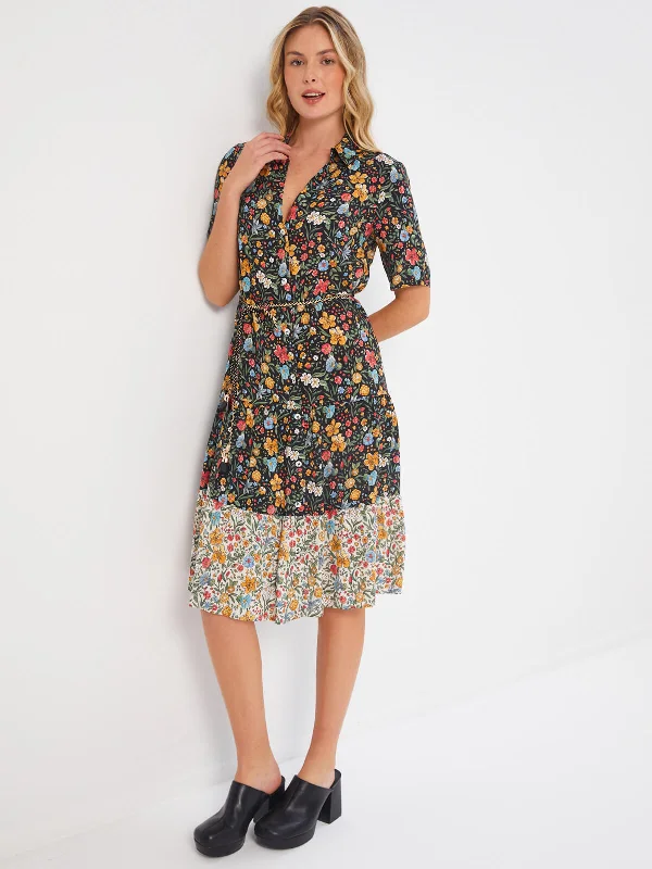 Black Floral Printed Short Sleeve Shirt Dress with a String Belt 68278 Urban Outfitters floral dresses