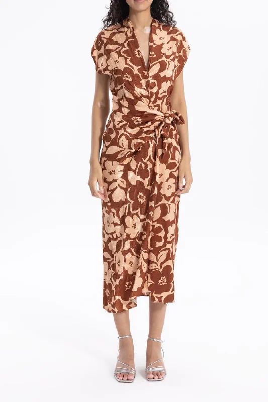 Brown Patterned Double Breasted Dress Chiffon floral dresses