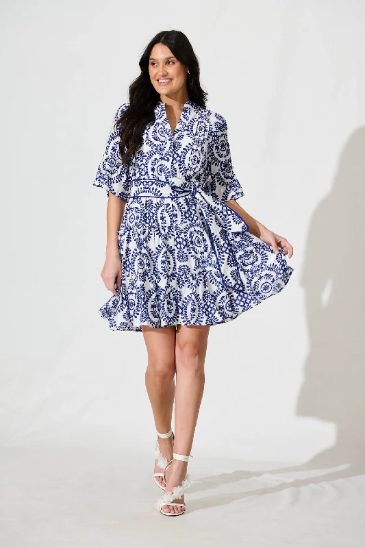 Elio Dress in White with Navy Floral Print Cocktail floral dresses