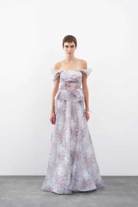 Floral Patterned Low Shoulder Organza Long Evening Dress Preppy floral dresses