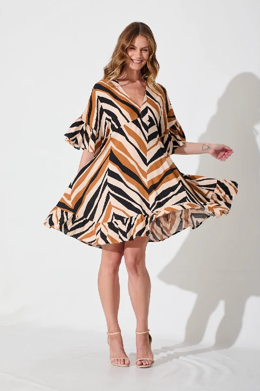 Gemara Smock Dress In Beige With Brown Zig Zag Print Boohoo floral dresses