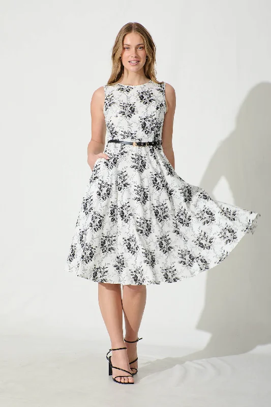 Jarmila Dress with Belt in White Black Floral Cotton Blend Summer floral dresses