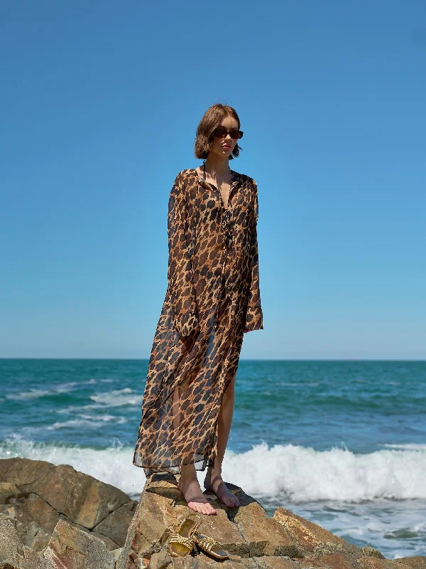 Leopard Printed Chiffon Pareo Dress Retro floral dresses