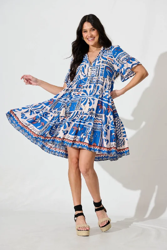 Northcote Smock Dress in Multi Blue Patchwork Print Best floral dresses for beach vacations