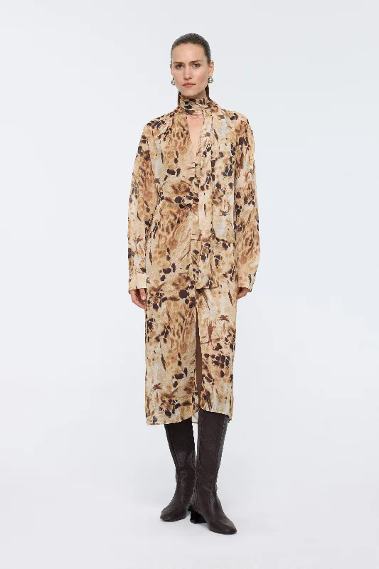 Patterned Brown Shawl Collar Dress Best floral dresses for beach vacations