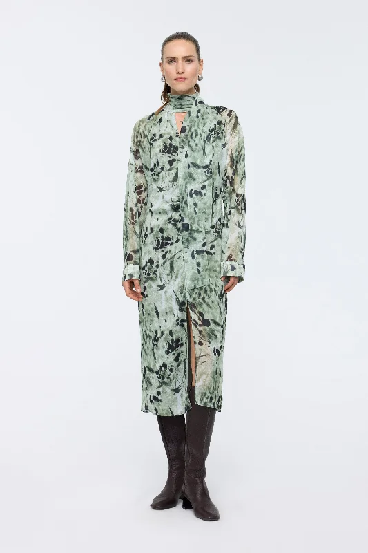 Patterned Khaki Shawl Collar Dress Sexy floral print dresses