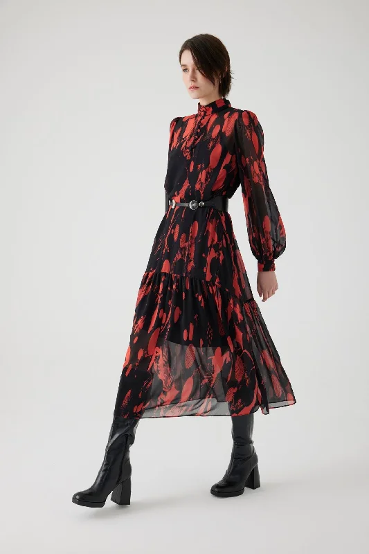 Red Patterned Chiffon Regular Dress with Belt Maxi floral dresses