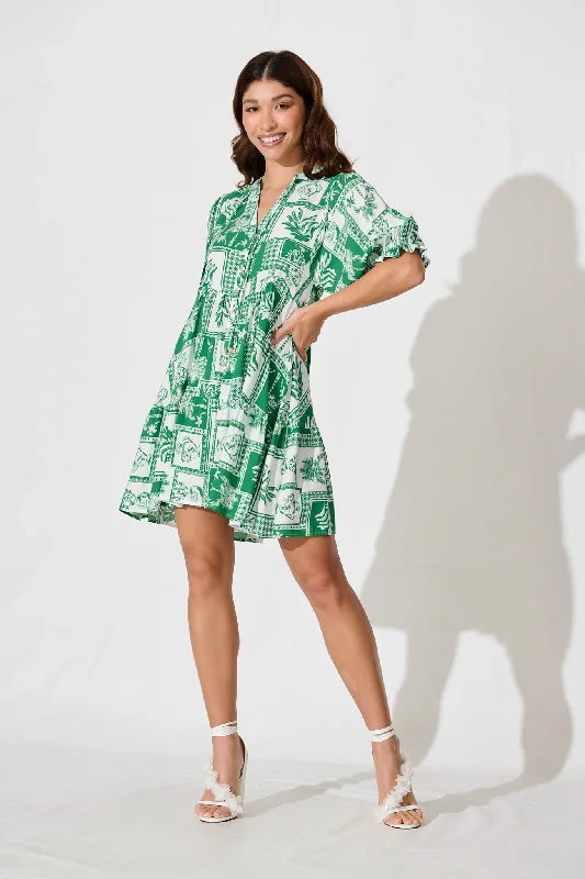 Santanna Smock Dress In Green Tile Print Vacation floral dresses